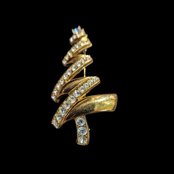 Monet Gold-Tone Christmas Tree Brooch With Clear Rhinestones Festive Spiral  3" - Picture 2 of 6